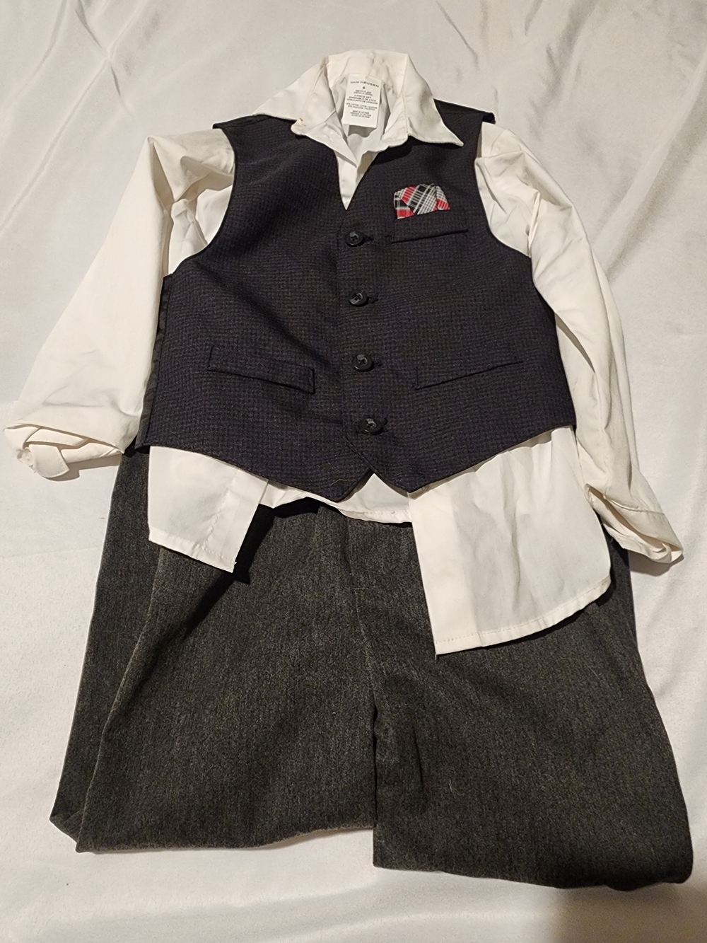 Izod Boys Black Vest and White Shirt Costume Set with Plaid Pocket Square